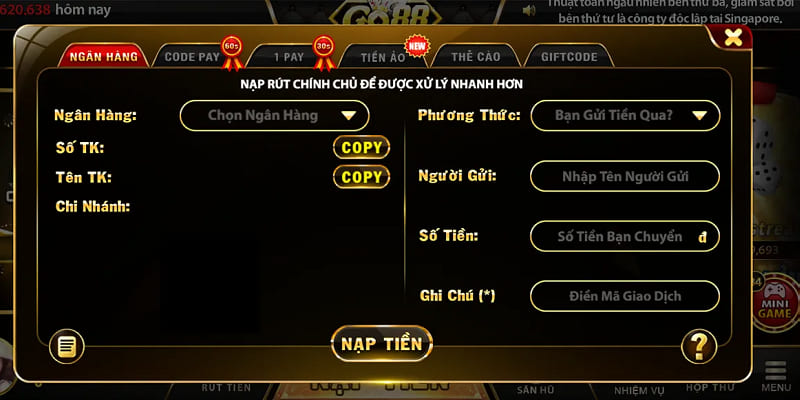 Nạp tiền GO88 qua thẻ ngân hàng là tiện lợi và phổ biến nhất